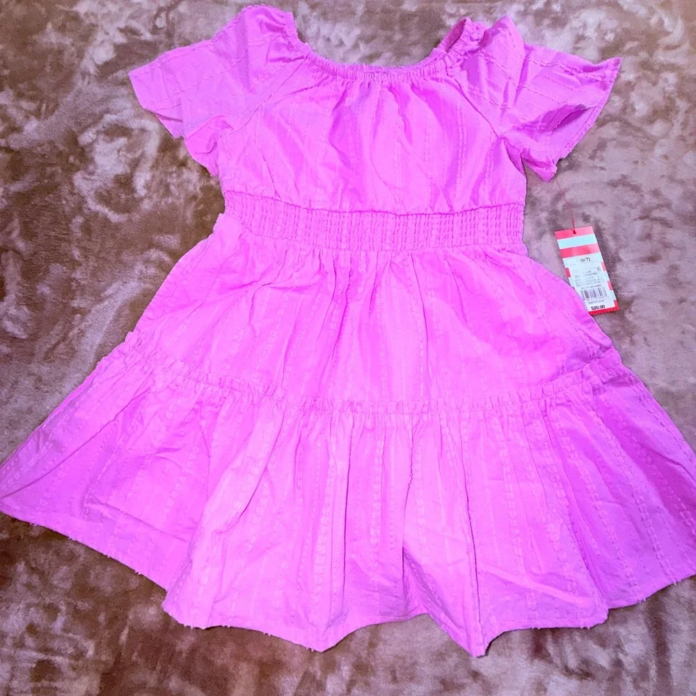 Cat & Jack Tiered Dress Girls S‎ 6/7 Pink New Smocked Waist Dobby Stripe